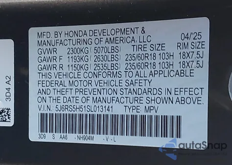 2025 Honda Cr-V Hybrid Sport from USA, damaged, VIN 5J6RS5H51SL013141